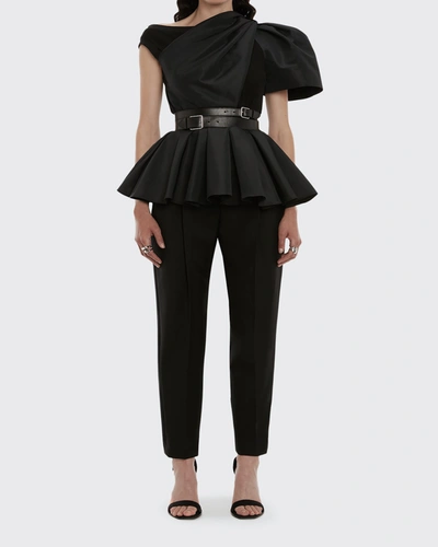 Shop Alexander Mcqueen Asymmetric Puff-sleeve Peplum Top In Black