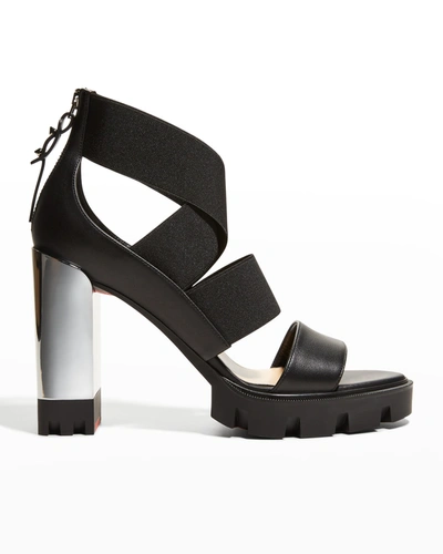 Shop Christian Louboutin Patrouiagoma Strappy Metallic-heel Red Sole Platform Sandals In Black/nickel