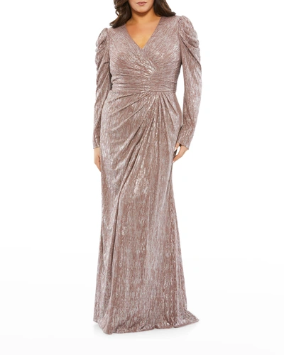 Shop Mac Duggal Plus Size Long-sleeve Metallic Ruched Gown In Mauve