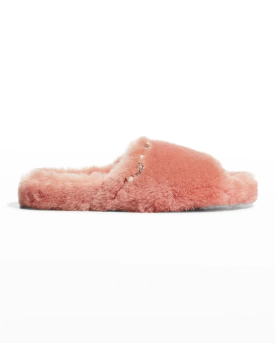Shop Jimmy Choo Acinda Shearling Crystal-strap Slide Sandals In Blush/crystal