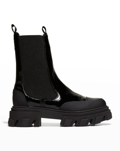 Shop Ganni Leather Lug-sole Mid Chelsea Boots In Black