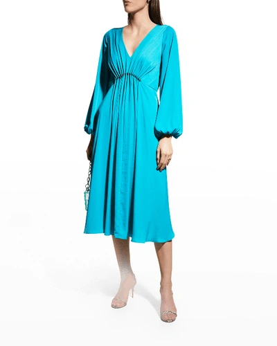 Shop Kobi Halperin Portia Full-sleeve Gathered Dress In Turquoise