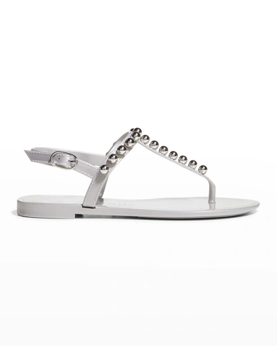 Shop Stuart Weitzman Goldie Jelly Stud Thong Sandals In Silver Tonal