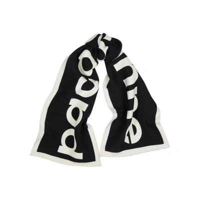 Shop Paco Rabanne Monochrome Logo Wool-blend Scarf In Black And White