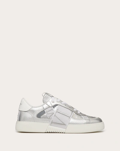 Shop Valentino Garavani Uomo Low-top Metallic Calfskin Vl7n Sneaker With Bands In Silver/white