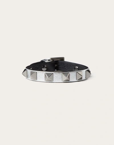 Shop Valentino Garavani Uomo Leather Rockstud Bracelet With Antique Silver-finish Studs In Silver/black