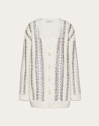 Shop Valentino Embroidered Cardigan In Wool And Lurex In Ivory/silver