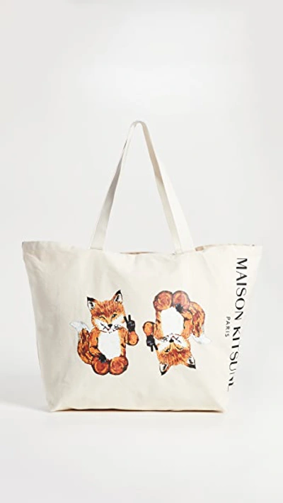 Shop Maison Kitsuné All-right Fox Xxl Tote Bag In Ecru