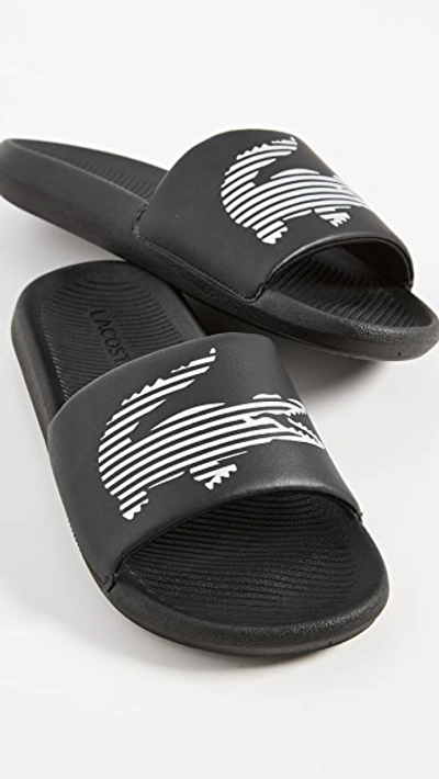 Shop Lacoste Croco Slides In Black/silver
