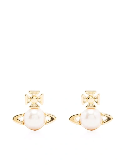 Shop Vivienne Westwood Logo Faux-pearl Earrings In Gold
