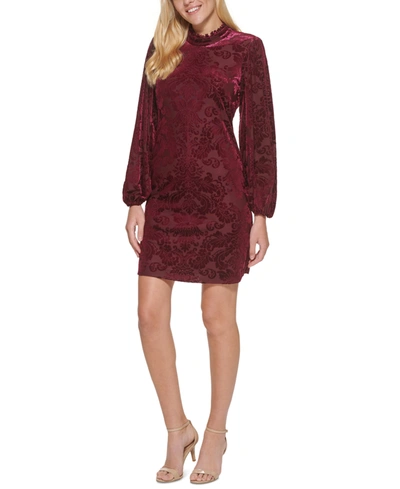 Shop Vince Camuto Velvet-pattern Blouson-sleeve Dress In Wine