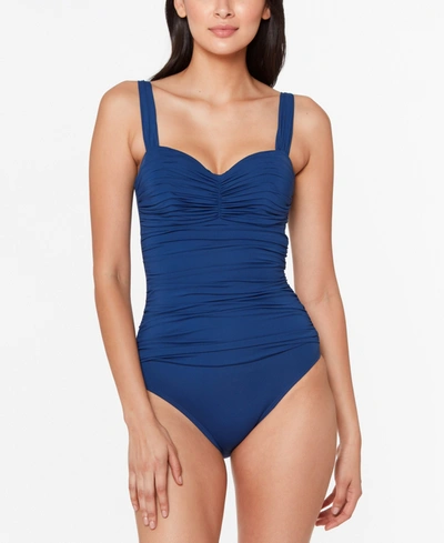 Shop Bleu By Rod Beattie Kore Shirred Bandeau One-piece Swimsuit In Navy Blue