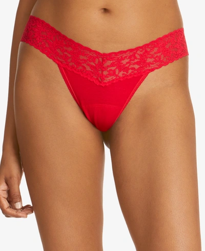 Shop Hanky Panky Organic Cotton Low-rise Lace Thong 891581 In Red