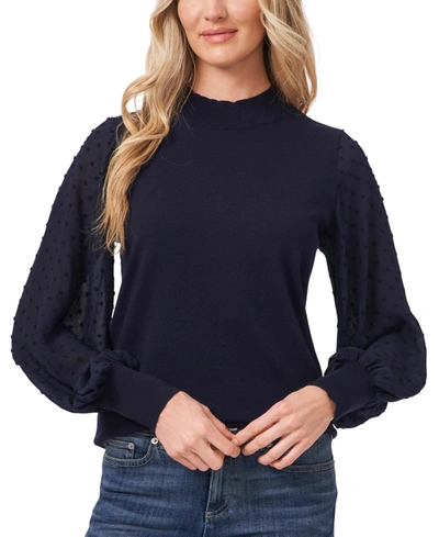 Shop Cece Women's Mock Neck Clip Dot Sheer Long Sleeve Sweater In Classic Navy
