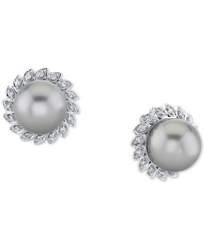 Macy's Cultured Tahitian Pearl (10mm) & Diamond (1/4 Ct. T.w) Stud Earrings In 10k White Gold In White Gold