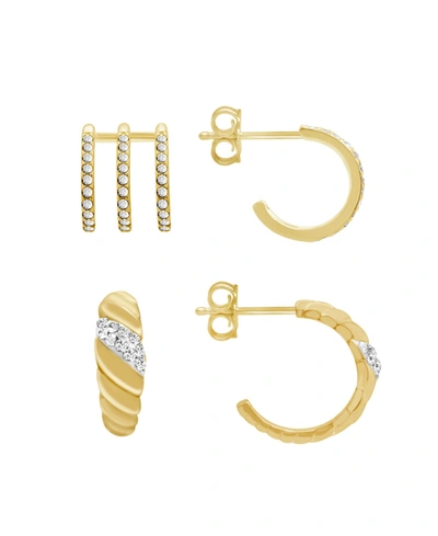 Shop Essentials Gold Plated 2-piece C Hoop And Multi Row Hoop Earrings Set In Gold-plated