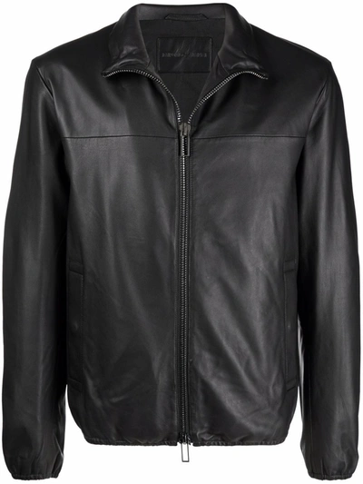 Shop Emporio Armani Men's  Black Leather Outerwear Jacket