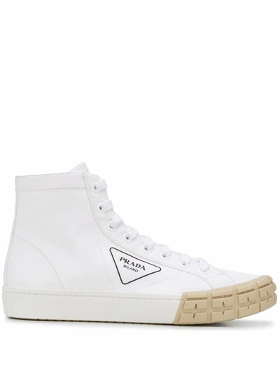 Shop Prada Men's  White Cotton Hi Top Sneakers