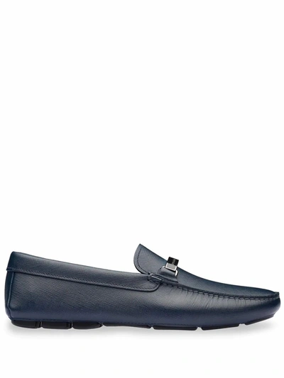 Shop Prada Men's  Blue Leather Loafers