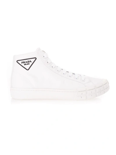 Shop Prada Men's  White Polyamide Hi Top Sneakers