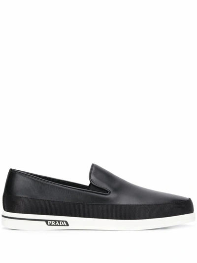Shop Prada Men's  Black Leather Slip On Sneakers
