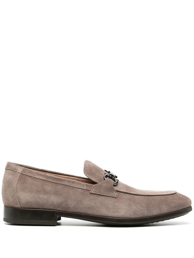 Shop Ferragamo Men's  Grey Suede Loafers