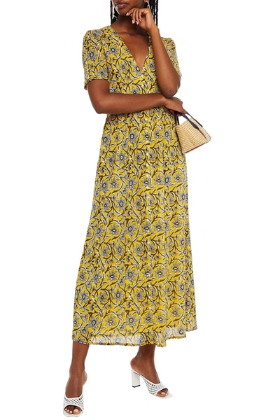 Shop Antik Batik Maria Printed Crinkled Cotton-gauze Midi Dress In Yellow