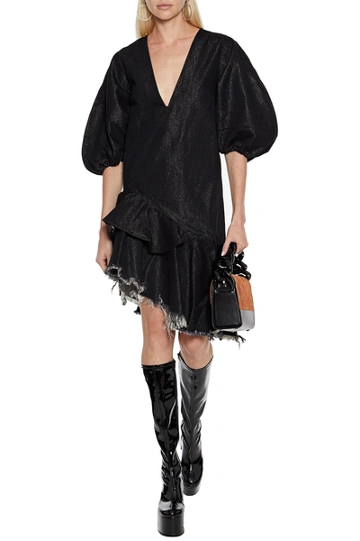 Shop Marques' Almeida Asymmetric Frayed Ruffled Metallic Denim Mini Dress In Dark Denim