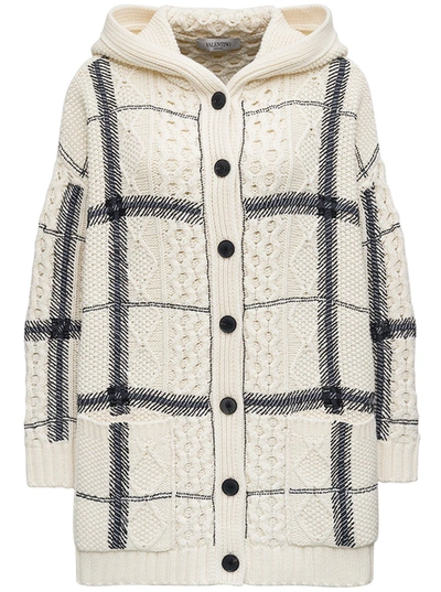 Shop Valentino Check Hooded Wool Cardigan In White/black