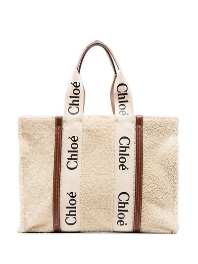 Shop Chloé Medium Woody Shearling Tote Bag In Neutrals
