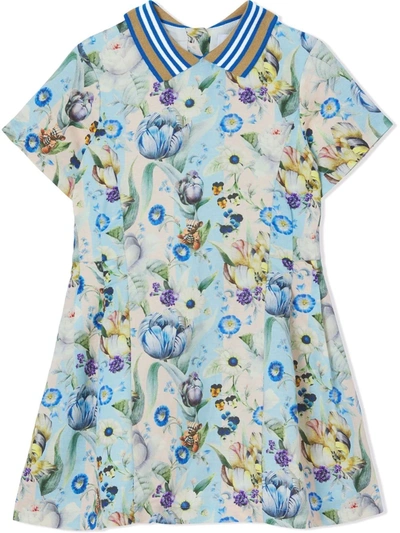 Shop Burberry Floral-print Linen Dress In Blue