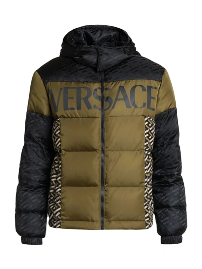 Shop Versace Monogram Print Hooded Down Jacket In Khaki Black