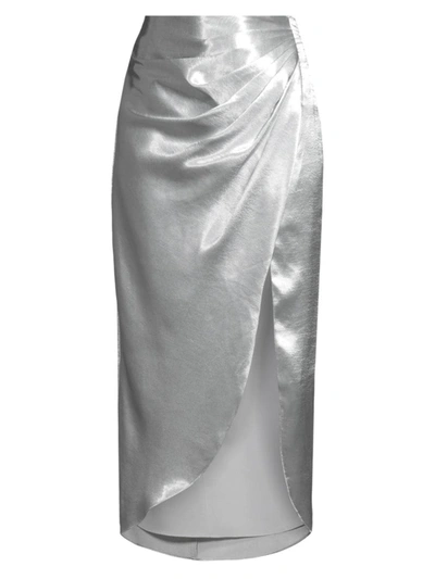 Shop Aiifos Orla Metallic Satin Midi-skirt In Metallic Silver