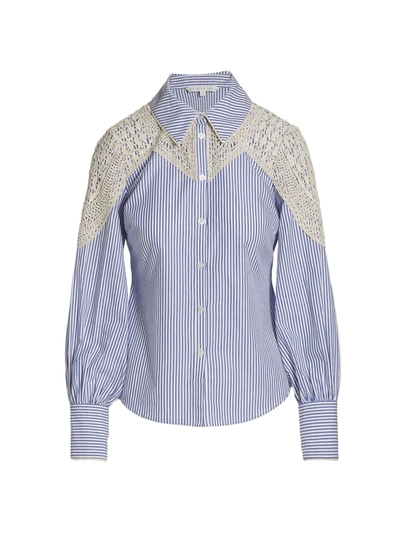 Shop Veronica Beard Sachse Crocheted Striped Shirt In Blue White