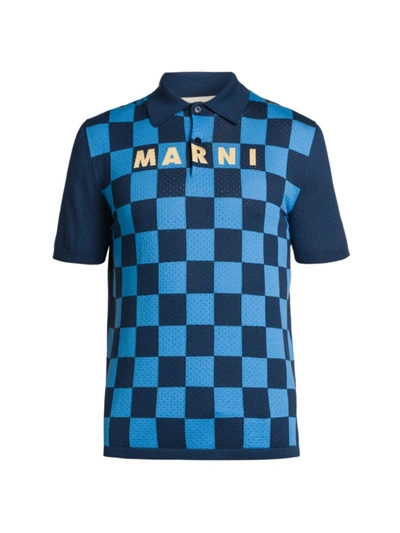 Shop Marni Logo Check Polo Shirt In Light Navy