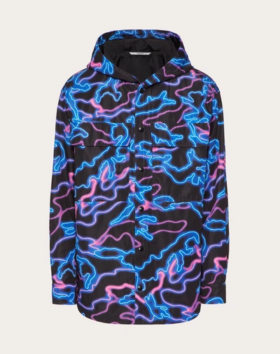 Shop Valentino Uomo Hooded Shirt Jacket With Neon Camou Print In Black/multicolor