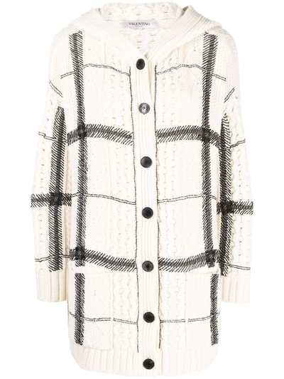 Shop Valentino Bead-embellished Check-pattern Hooded Cardigan In White