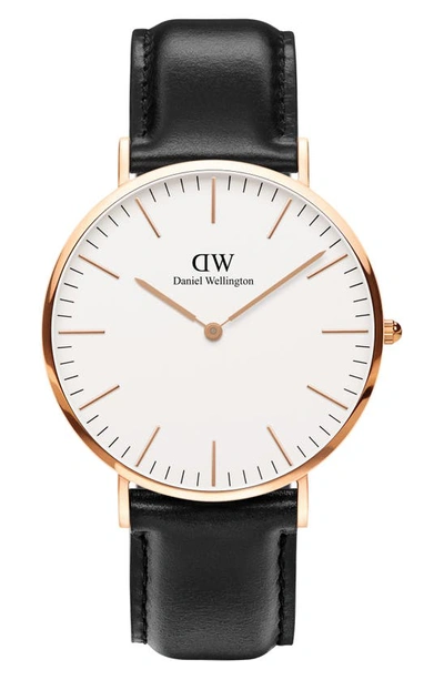 Shop Daniel Wellington 'classic Sheffield' Leather Strap Watch, 40mm In Rose Gold/white/rose Gold