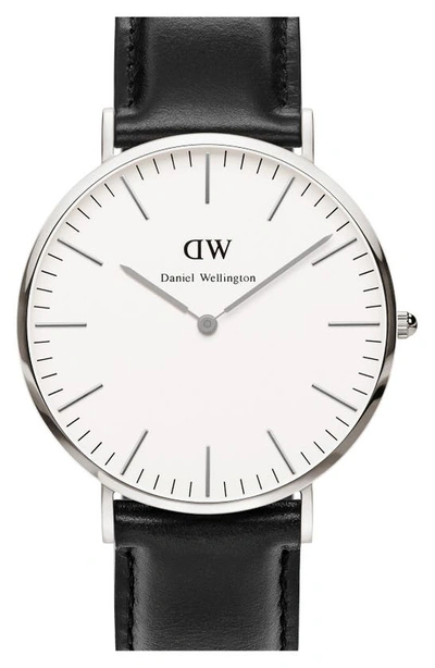 Shop Daniel Wellington 'classic Sheffield' Leather Strap Watch, 40mm In Silver/white/silver