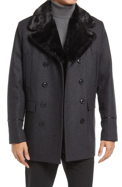 Shop Karl Lagerfeld Wool Blend Peacoat With Faux Fur Collar In Charcoal / Black