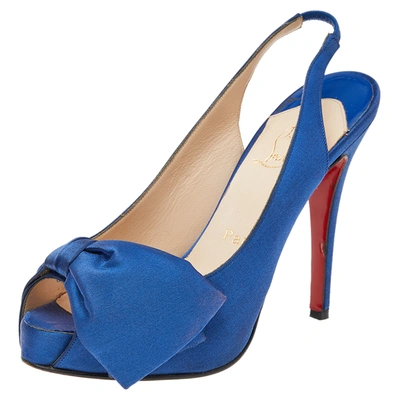 Pre-owned Christian Louboutin Blue Satin Bow Platform Slingback Sandals Size 37.5