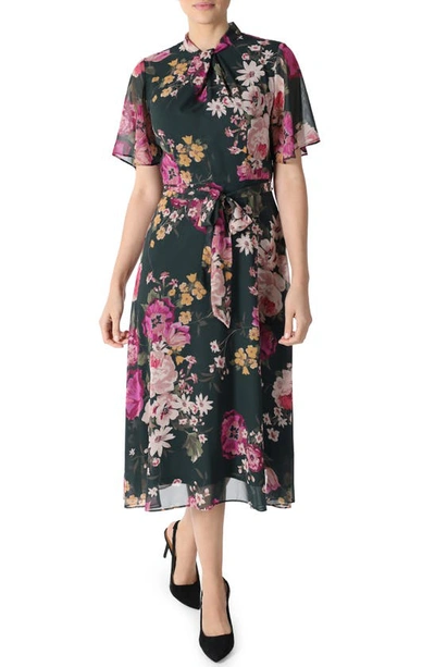Shop Donna Ricco Floral Flutter Sleeve Chiffon Midi Dress In Ivory/green