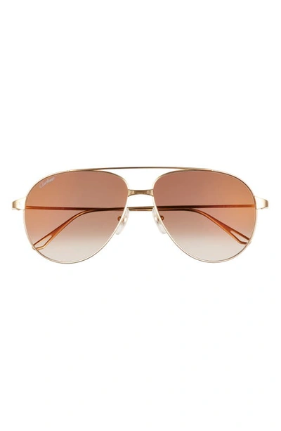 Shop Cartier 59mm Aviator Sunglasses In Gold/ Brown