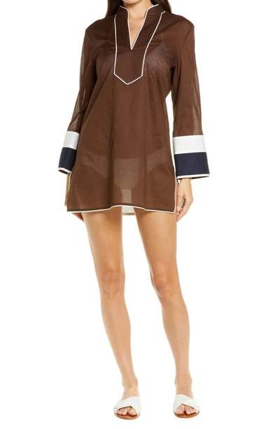 Shop Tory Burch Colorblock Cotton Cover-up Tunic In Chocolate / Ivory/ Tory Navy