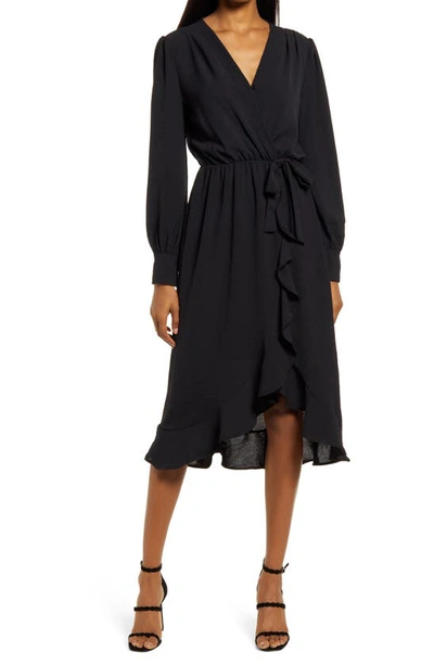 Shop Fraiche By J Faux Wrap Ruffle Long Sleeve Dress In Black