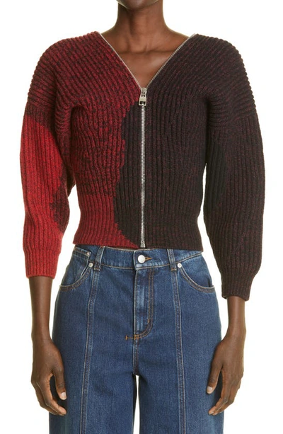 Shop Alexander Mcqueen Anemone Intarsia Rib Wool Zip Sweater In 6065 Red/ Black/ Ivory