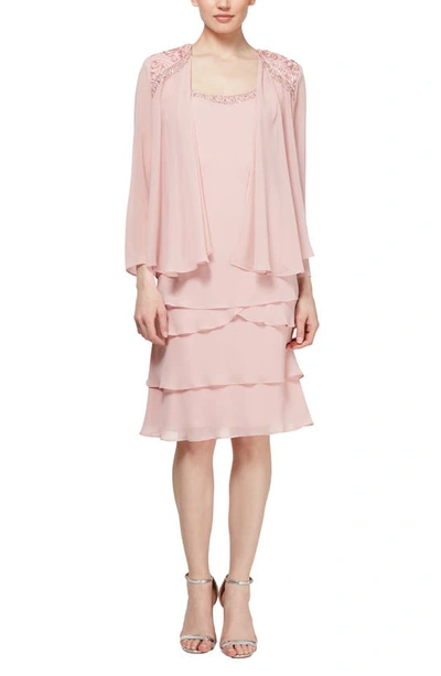 Shop Slny Sl Fashions  Tiered Chiffon Cocktail Dress With Jacket In Faded Rose