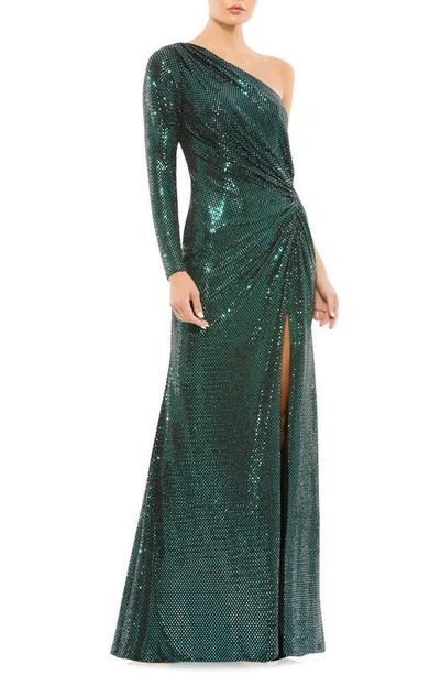 Shop Mac Duggal Metallic One-shoulder Gown In Bottle Green