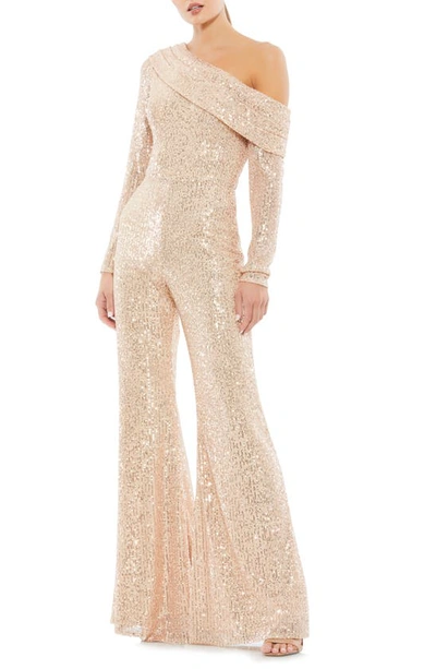 Shop Mac Duggal Sequin One-shoulder Long Sleeve Jumpsuit In Rose Gold