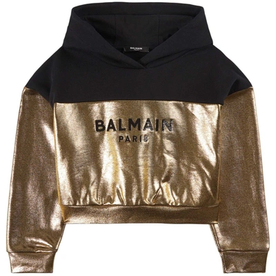 Balmain Kids' Colorblock Crop Hoodie In Gold | ModeSens